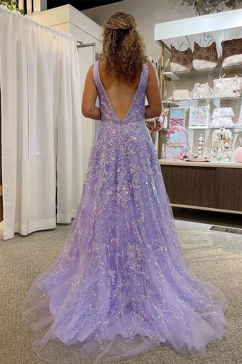 Vestido de fiesta con escote en V profundo, encaje floral y corte A